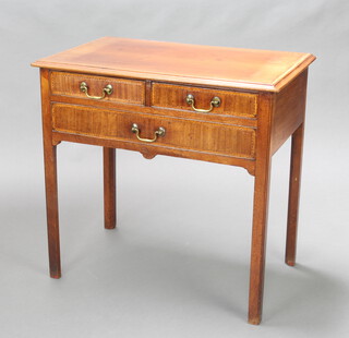 An inlaid Georgian mahogany side table with crossbanded top, fitted 2 frieze drawers above 1 long drawer with brass swan neck drop handles, raised on square supports 74cm h x 77cm w x 48cm d 