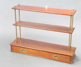 A Georgian military style 3 tier shelf with brass columns to the sides, the base fitted a drawer with brass countersunk handles 64cm h x 91cm w x 24cm d 