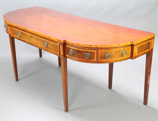 A Georgian inlaid mahogany bow front serving table fitted 1 long and 2 short drawers, raised on square tapered supports 79cm h x 197cm w x 77cm d 
