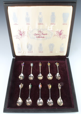 Ten silver and enamel The Queen's Beast spoons, cased, Birmingham 1977, 484 grams  