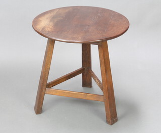 An 18th/19th Century circular oak cricket table on outswept supports with box framed stretcher 59cm x 59cm 