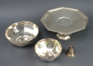 A Ralph Lauren silver plated octagonal cake stand, 2 bowls and a bell snuffer 