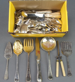 A quantity of ribbon and bow pattern silver plated cutlery including tea spoons, servers etc 