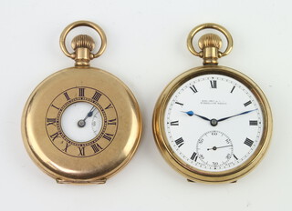A gentleman's gold plated mechanical half hunter pocket watch with seconds at 6 o'clock, a ditto pocket watch 
