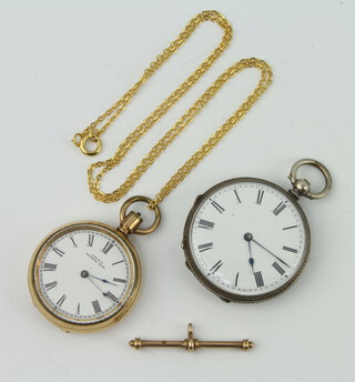 A lady's silver keywind fob watch, a gold plated ditto and chain and a 9ct yellow gold T bar 2.3 grams
