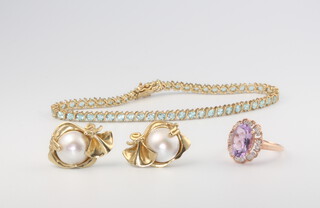 A 9ct yellow gold paste set bracelet, a gem set ring and a pair of shell ear studs