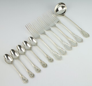 Five silver plated lily pattern dessert forks, ladle and coffee spoons  