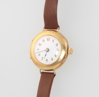 A lady's 18ct yellow gold wristwatch with red 12 on a leather strap 30mm 