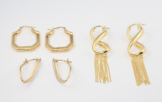 Three pairs of hollow 9ct yellow gold earrings, 8.9 grams 