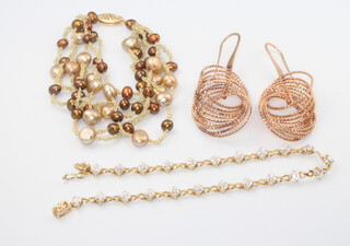 A 14ct yellow gold bracelet, 4.7 g gross,  a seed pearl bracelet and a pair of 925 silver earrings 