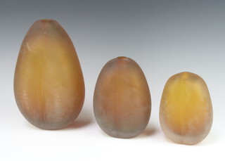 An amber coloured Studio Glass vase of bulbous form 25cm, a ditto 17cm and 1 other 15cm 