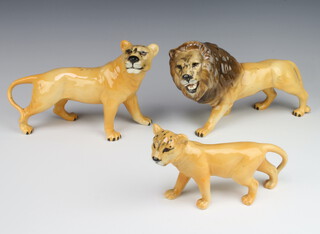 A Beswick group of a lion facing left no.2089, golden brown gloss 14cm, lioness facing right 2097, golden brown gloss 14.6cm and lion cub facing left, golden brown gloss 10cm, all by Graham Tonge