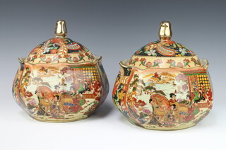 A pair of modern Satsuma hexagonal jars and covers decorated with panels of figures and flowers 21cm 