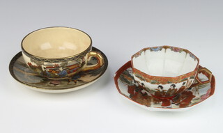 An early 20th Century Japanese Satsuma teacup and saucer decorated with figures in landscapes together with an octagonal Kutani ditto (cracked and chipped)