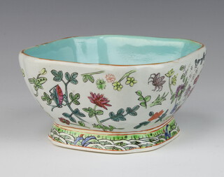 A Chinese square deep bowl decorated with insects amongst flowers with a seal mark to the base 7cm 