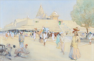 Indian watercolour, study of a street scene with figures, Jaipur? 21cm x 32cm, indistinctly signed to the bottom left hand corner 