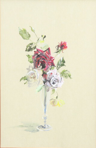 Barbara Crowe RI, (b.1950), watercolour, still life study of a vase of roses 43cm x 27cm, the reverse with Aldridge Brothers label 