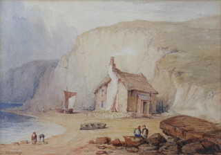 H Worsley, 19th Century watercolour signed, fisherfolk by a cliffside cottage 16cm x 23cm 