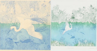 **Anna Pugh, a pair of coloured etchings "Brown Bird Flying" no.8 of 150 and "Wetland Crane" no.30 of 150, both signed and dated 1979  20cm x 21cm PLEASE NOTE - Works by this artist may be subject to Artist's Resale Rights
