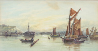 Watercolour study of Rochester with cliffs, bridge and moored boats, the reverse labelled F Barangan Rochester, Exhibited London 1871-1875 25cm x 47cm 