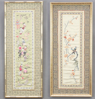 Two Chinese embroidered panels of figures contained in decorative gilt frames 62cm x 23cm 