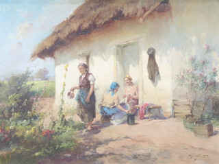 ACS Agoston (1889-1947), oil on canvas, study of figures standing before a cottage, signed to bottom right hand corner 58cm x 78cm  