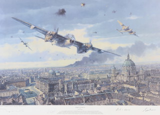 Anthony Saunders, coloured print "The Strike on Berlin" signed by Ken Tempest, Colin Bell and George Dunn, the reverse with certificate 48cm  x 68cm 
