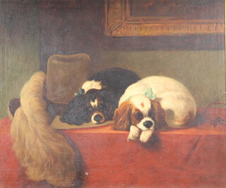 Oil on canvas, interior scene with 2 seated King Charles Spaniels by a feathered hat 49cm x 59cm 