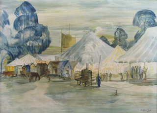 Clifford Frith, lithograph, fair scene with tents and figures 1946 70cm x 95cm 