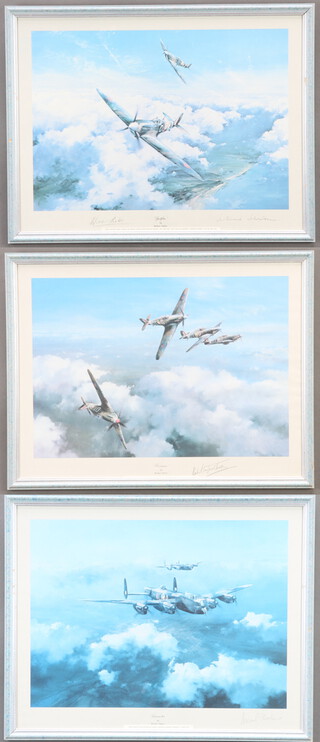 Robert Taylor, three coloured prints "Lancaster" signed by Leonard Cheshire, "Spitfire" signed by Douglas Bada and Air Vice Marshal Johnnie Johnson and "Hurricane" signed by Wing Commander Robert Stanford Tuck  33cm x 47cm 