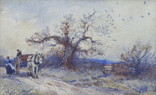 F C Jones, watercolour, study of a horse and cart in rural landscape 12cm x 19cm, signed and dated 1915 