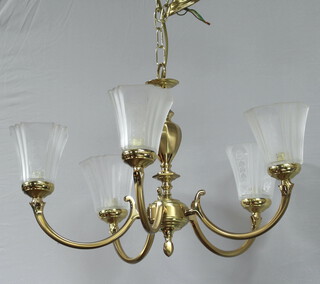 An Art Nouveau style gilt metal 5 light electrolier with etched glass shades 35cm h x 60cm diam. 