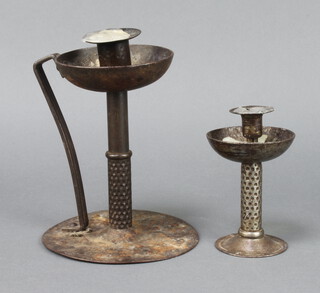 Coberg, a German Arts and Crafts candlestick with shaped sconce 12cm x 6cm, base marked Coberg together with a similar unmarked chamber stick 19cm h x 14cm 