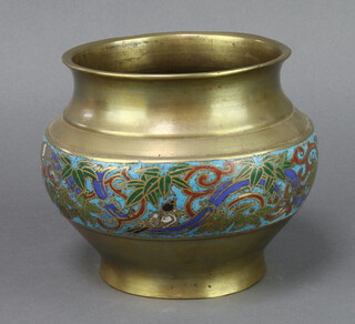 A Chinese polished bronze and cloisonne urn of squat form 14cm h x 13cm diam. 