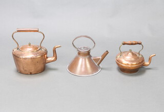 A 19th Century oval copper kettle with acorn finial 12cm h x 15cm w x 13cm d together with a circular waisted copper kettle 23cm h x 21cm diam. and 1 other with wooden handle 8cm x 11cm 