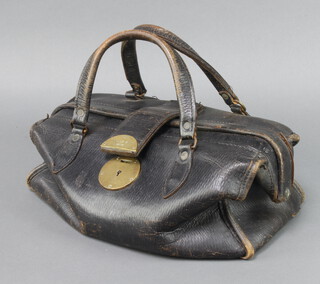 A black leather and brass Midland Bank cash holdall marked 5 Lever Mitchell England 13cm x 38cm x 16cm 