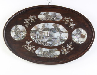 An oval shimoyama mother of pearl inlaid plaque 51cm x 34cm