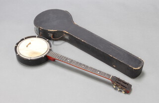 A five string zither banjo with case