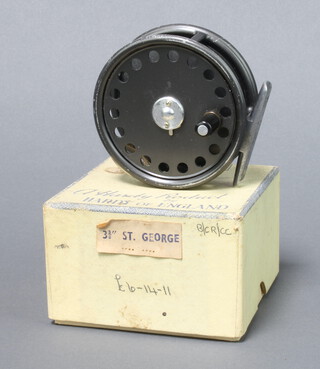 A Hardy St George 3 3/8" trout fly fishing reel with agate line guard, mounted in Hardy nickel silver mount, the reel retains most of the original finish and is original cardboard box 