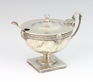 A silver pedestal mustard with mask decoration on a square base Birmingham 1913, 98 grams  