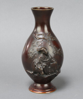 A Japanese bronze club shaped vase of seated gentleman 17cm x 6cm 