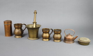 A 17th/18th Century brass mortar and pestle 10cm x 12cm, 3 Victorian brass measures - 1/2 pint, gill and gill, a 19th Century copper flour caster 13cm x 8cm, miniature copper kettle 9cm x 8cm, a circular brass spirit burner 3cm x 7cm  