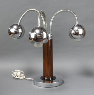 A stylish mid Century chrome and amber plastic 3 light table lamp 51cm h x 22cm  