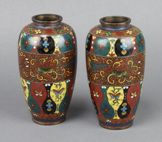 A pair of Japanese cloisonne enamelled vases decorated butterflies 15cm x 5cm 