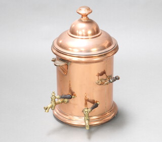 A 19th Century Continental copper and brass double spicketed twin handled urn with insulated china liner, 61cm h x 31cm  