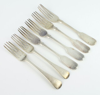 Six Victorian and later silver table forks, London 1919, 1832, 436 grams
