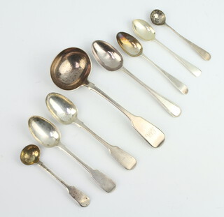 A Victorian silver ladle, London 1861 and minor spoons, 182 grams 