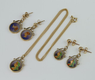An enamelled Victorian silver coin on a 9ct yellow gold chain 12 grams, 2 pairs of ditto earrings 