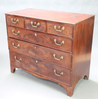 A Georgian mahogany chest of 3 short and 3 long drawers with oval ivory escutcheons and brass swan neck drop handles, raised on bracket feet 102cm h x 118cm w x 58cm d (possibly the top of a chest on chest) 