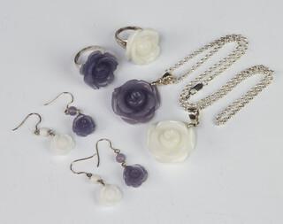 A silver and hardstone floral pendant, ring and earrings together with a hardstone ditto 